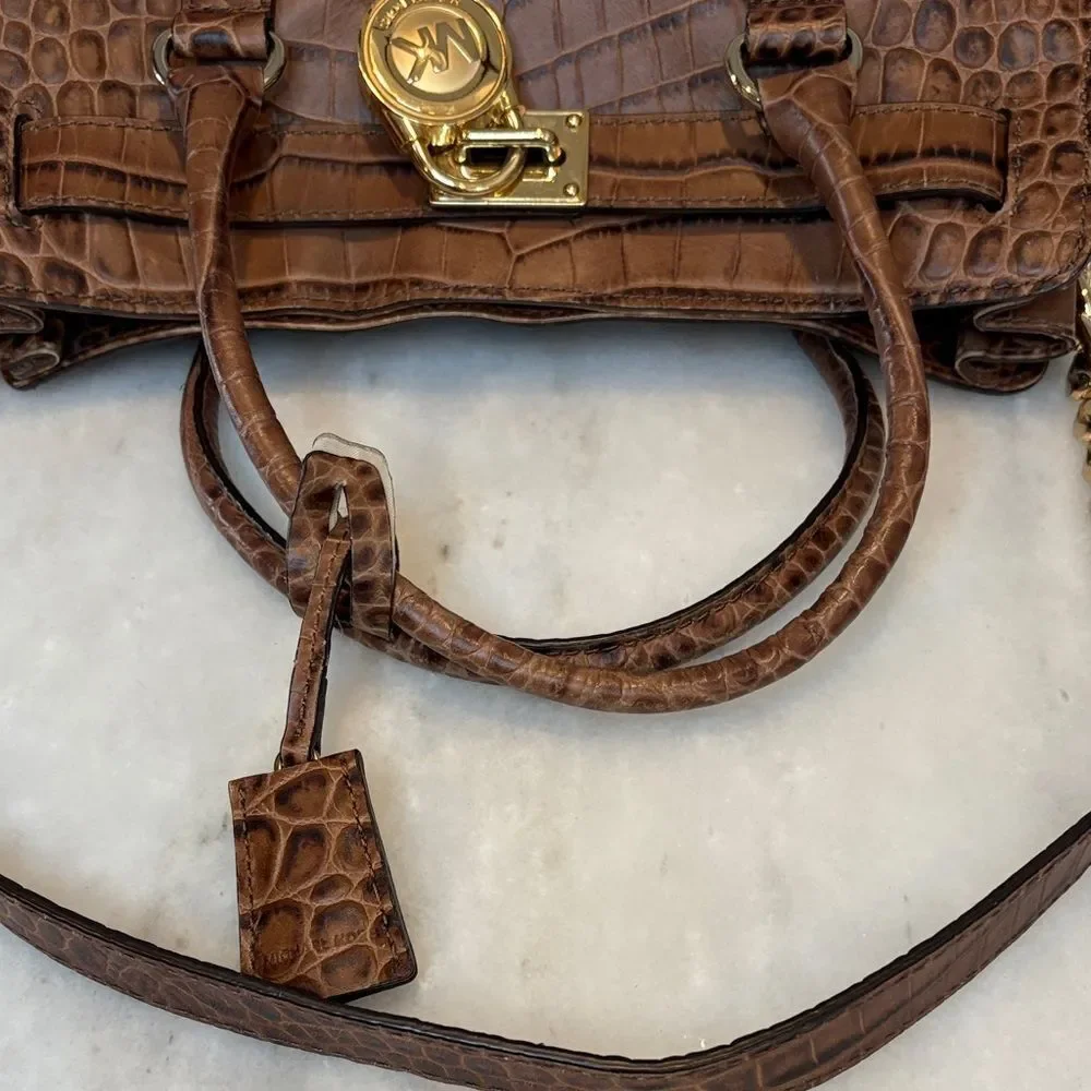 Michael Kors Bag Purse Handbag Croc Embossed Leather Brown Hamilton Tote Bag